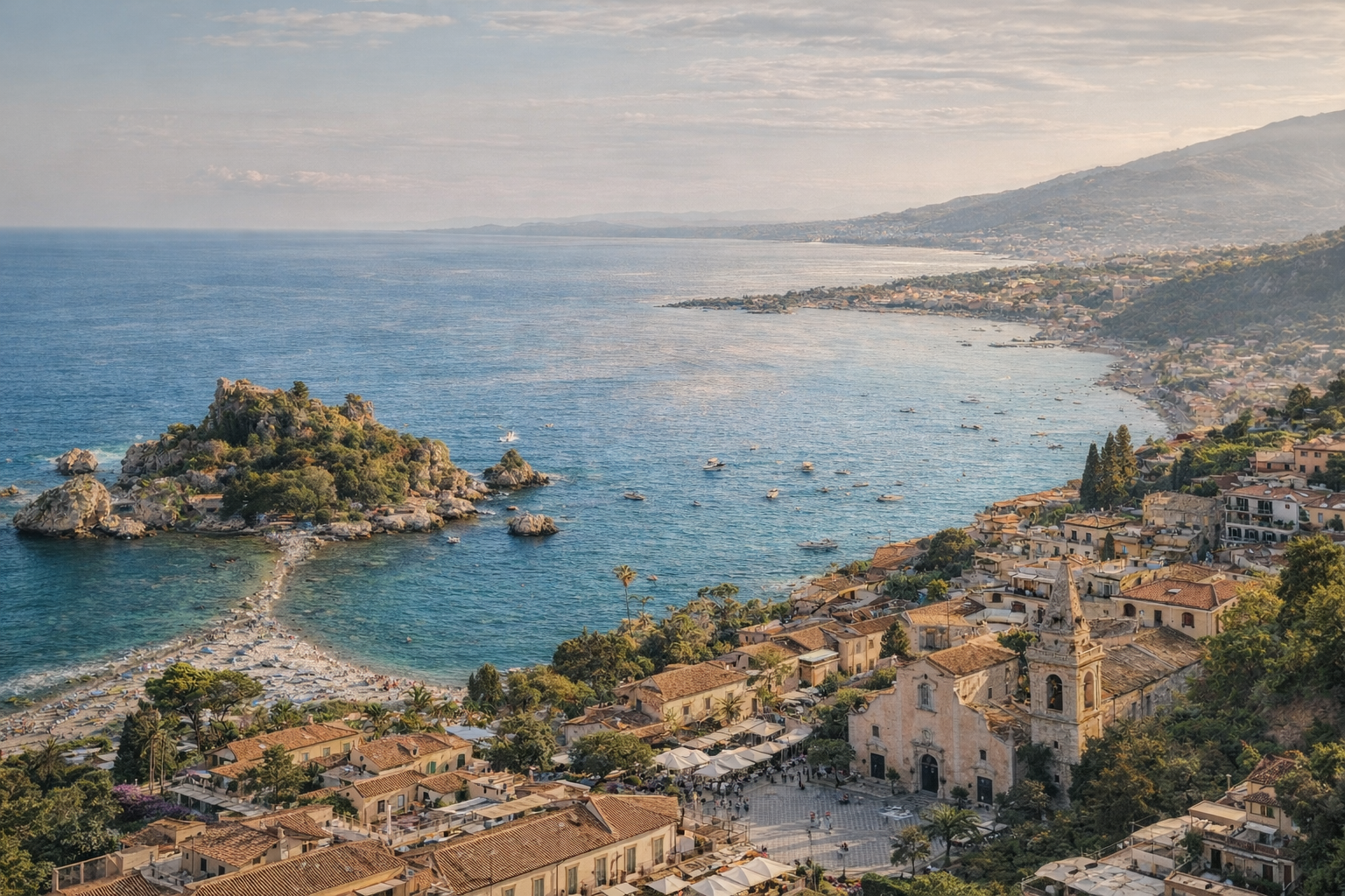 Panoramic view of Taormina, Isola Bella and the sea